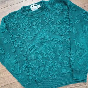 Cape Isle Knitters Floral Embroidered Sweater Teal Green Textured Chunky Cotton